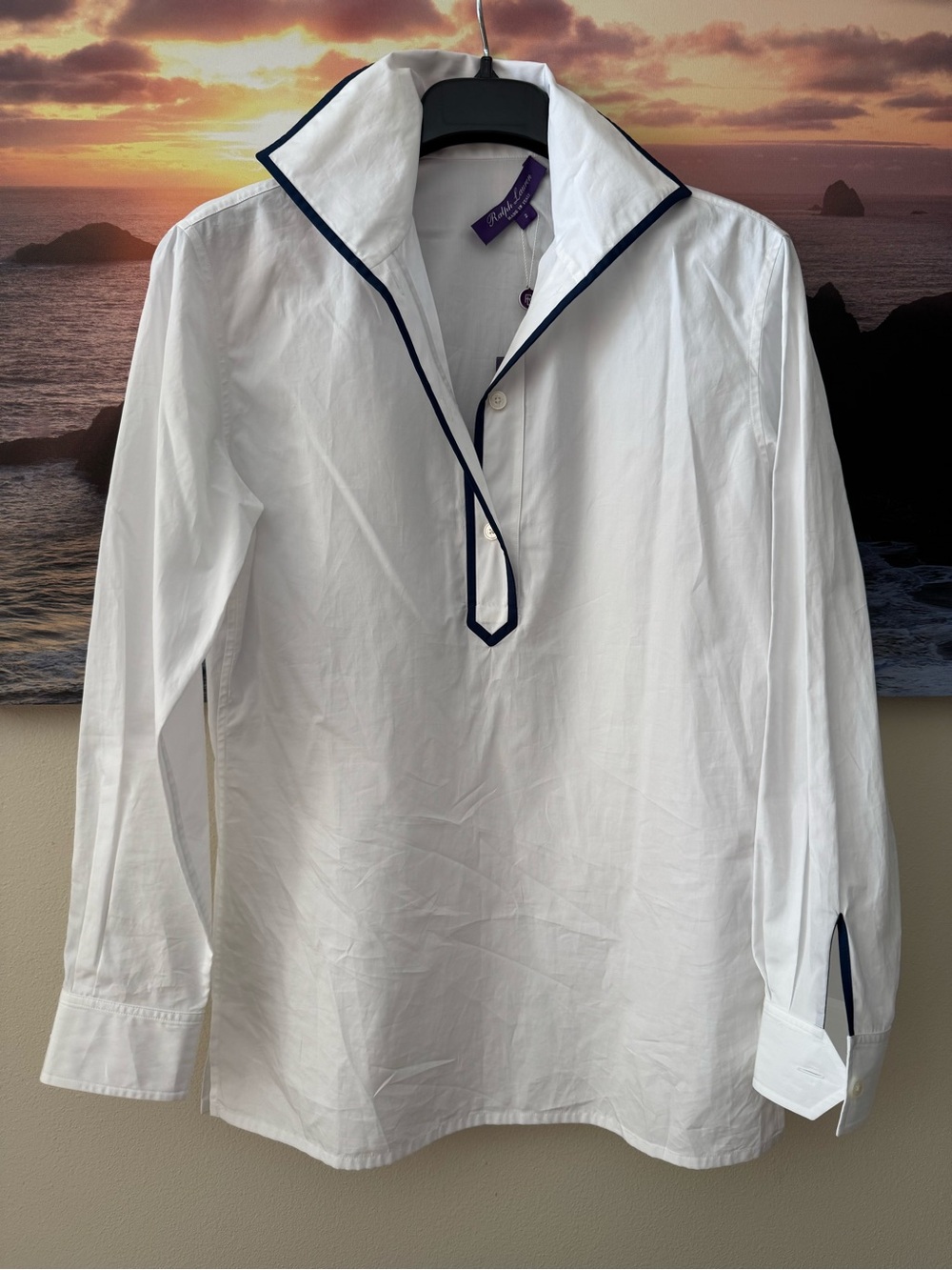 Ralph Lauren Purple Label Crisp White Navy trim collar Shirt/Tunic/ 2/ NWT